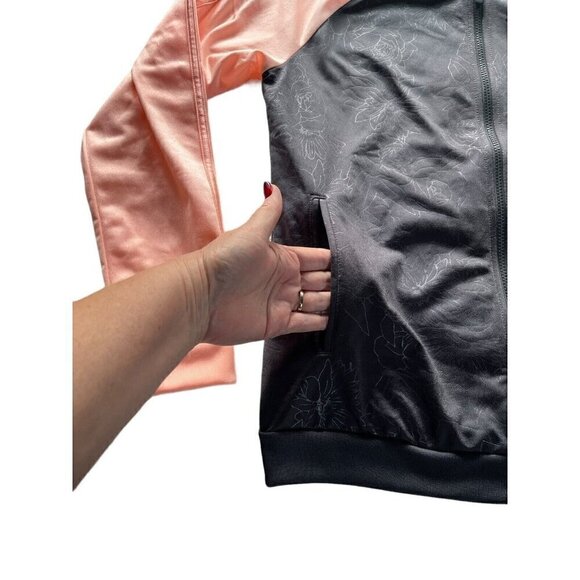Adidas Women's Sz L Black Rose Floral Embossed Peach Contrast Sleeves Jacket - Picture 8 of 11
